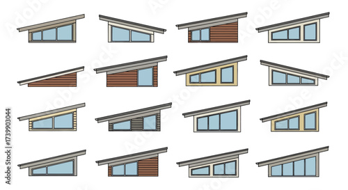 Set of Various Clerestory Window Designs with Shed Roofs.