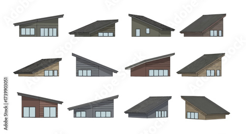 Collection of modern house elevations with shed roofs.