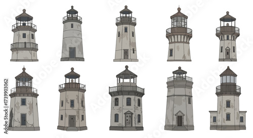 Collection of ten different old lighthouse vector illustrations.