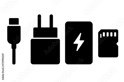 Essential electronic device accessories including charging cable, wall adapter, portable power bank, and memory card icons
