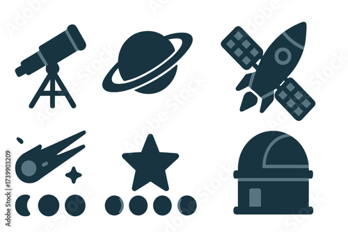 Dark blue flat icons representing space exploration, celestial bodies, and astronomical equipment