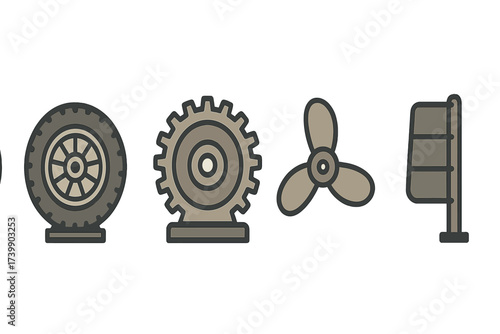 Set of mechanical components including tire, gear, propeller, and flag symbols