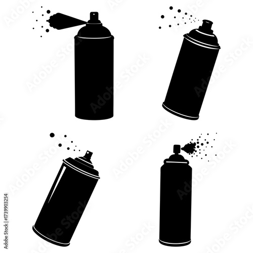 Four black spray paint cans in various positions with spraying nozzles and paint droplets on white background