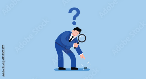 A businessman in a suit bends over, examining a small object with a magnifying glass under a question mark.