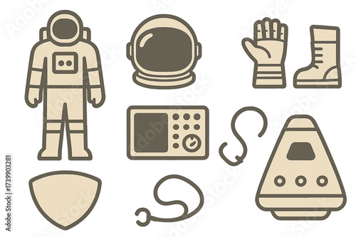 Space exploration equipment set featuring astronaut suit helmet glove boot and capsule module
