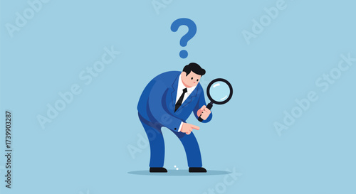 A businessman in a blue suit bends over, looking at the ground with a magnifying glass, a blue question mark floating above his head.
