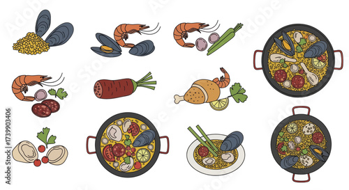 Vector set of traditional Spanish paella food elements.