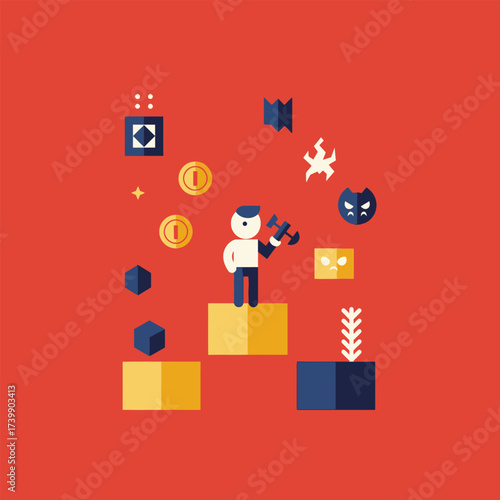 A pixelated video game character with an axe stands on platforms surrounded by coins and enemies.