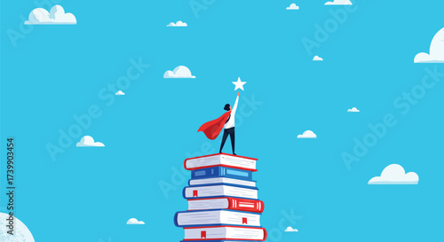 A person wearing a cape stands on a stack of books, reaching for a star in a blue sky with white clouds.