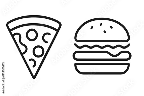 Minimalist outline graphic depicting popular fast food items like pizza and hamburger