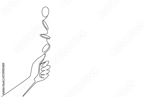 Continuous one line drawing coin flip from hand with coin flip step effect. Draw the fortunes like a referee draws for a penalty kick. Flip a Coin Day. Single line draw design vector illustration