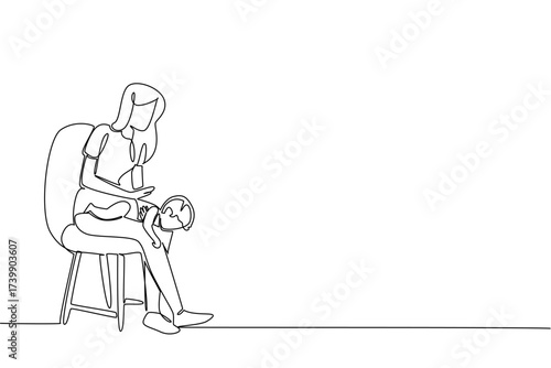 Single continuous line drawing a mother sitting on a chair puts her baby on her lap and pats her back. Choking on food. Accident. National Heimlich Maneuver Day. One line design vector illustration