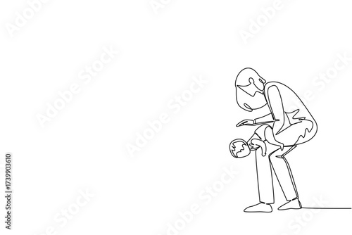 Single continuous line drawing a mother holds and places her baby upside down on her thighs. Precautions for airway obstruction. National Heimlich Maneuver Day. One line design vector illustration