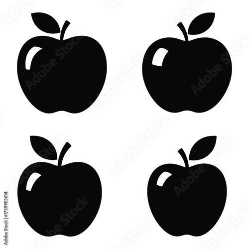 Four silhouette apples with stems and leaves simple organic fruit icons graphic elements for design projects food graphics silhouette