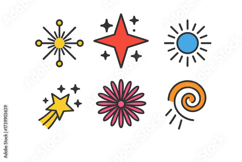 Collection of six colorful abstract symbols representing nature, space, and light elements