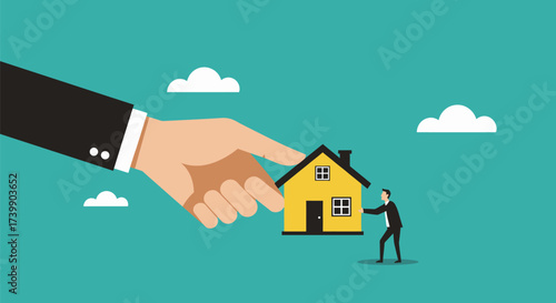 A giant hand protects a small yellow house while a businessman pushes it forward against the blue sky with clouds.