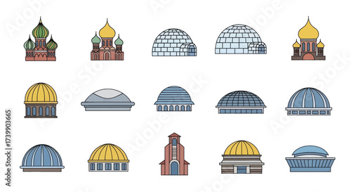 Colorful icon set of various architectural domes and buildings.