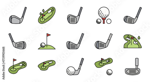 Set of Golf Icons with Clubs Balls and Courses.