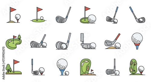 A collection of colorful golf sport icons and elements.