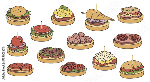 A diverse collection of cartoonstyle appetizer sandwiches and tapas.