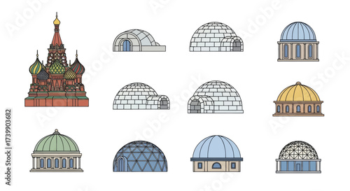 Collection of Dome Architecture Illustrations Including Famous Landmarks.