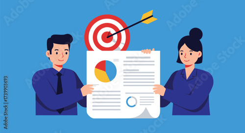Two people, a man and a woman, hold a document with a pie chart and text, with a target and arrow in the background, representing success.