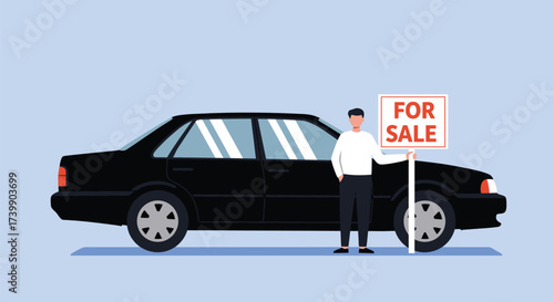 Man standing next to a black sedan car holding a "For Sale" sign, against a light blue background.
