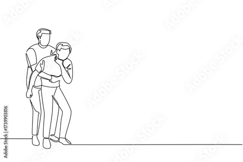 Continuous one line drawing a man performs the Heimlich maneuver on another man holds neck. Appropriate first aid measures. National Heimlich Maneuver Day. Single line draw design vector illustration