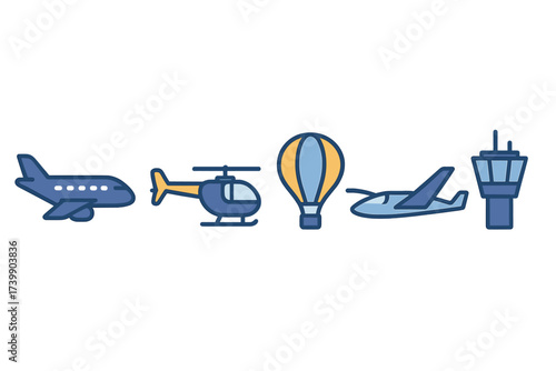Modern collection of air travel and transportation icons including aircraft and tower