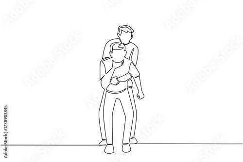 Single one line drawing front view, a man performs the Heimlich maneuver on another man holding his neck. Appropriate action National Heimlich Maneuver Day. Continuous line design graphic illustration