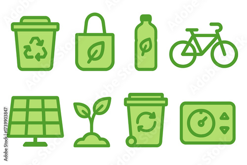 Set of green ecology and sustainability concepts including recycling, renewable energy, and transport