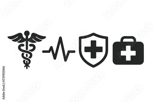 Essential medical symbols set featuring Caduceus, heartbeat monitor, health insurance shield, and emergency first aid kit