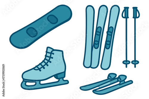 Collection of essential winter sports gear: snowboard, alpine skis, ski poles, and ice skates