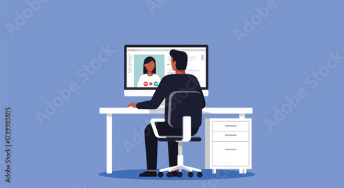 A person in a black suit is sitting at a desk, video conferencing with another person on a computer.