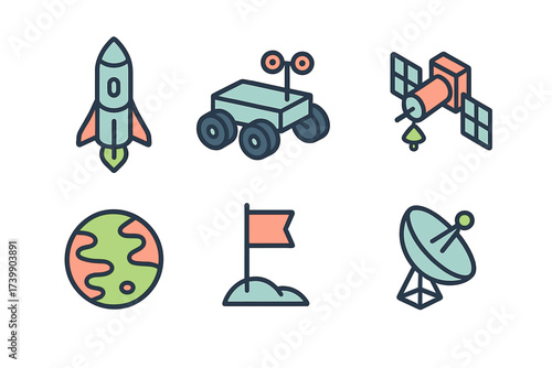 Colorful outline icons representing space exploration, including rocket, planetary rover, satellite, and Earth
