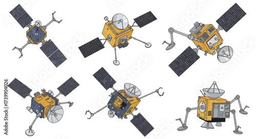 Set of six handdrawn cartoon space satellites.