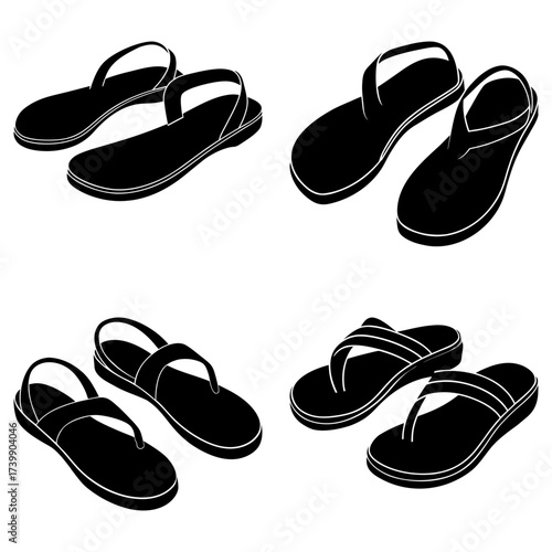 Illustration showing four pairs of sandals in black and white with varying strap styles and designs