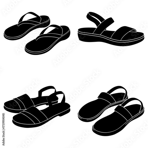 A selection of four pairs of black sandals with varying strap styles and sole thicknesses displayed clearly