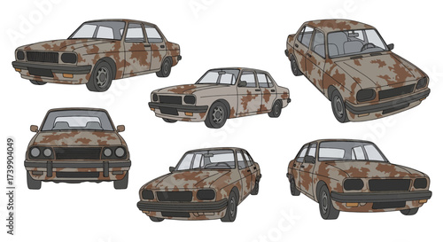 Set of old rusty classic sedan car illustrations from multiple angles.
