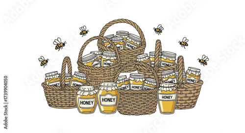Abundant honey jars in wicker baskets with flying bees illustration.
