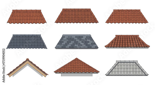 Set of various roof types and roofing materials illustration.