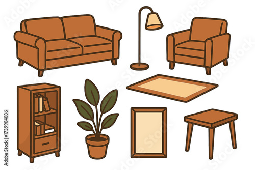 Set of cozy brown living room furniture and interior decor objects