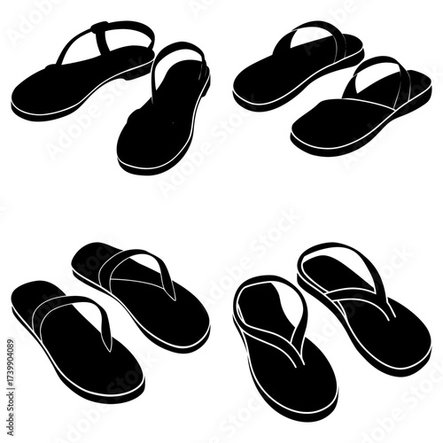 Illustration of four pairs of black and white sandals and flip flops on a white background pattern design