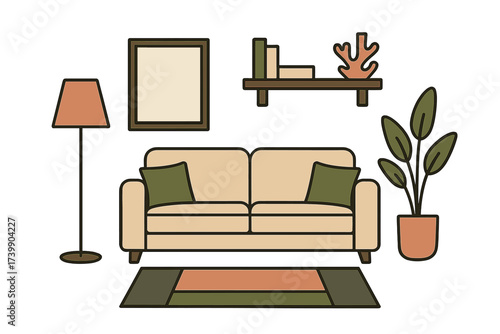 Modern living room furniture collection with beige sofa, green pillows, rug, and accessories