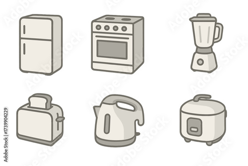 Essential kitchen appliances collection: refrigerator, stove, blender, toaster, kettle, and rice cooker