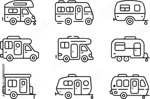 nine rv and camper line art icons in grid vector set for travel and camping illustrations