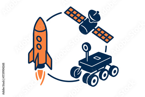 Technology cycle of space exploration featuring rocket launch, satellite, and planetary rover