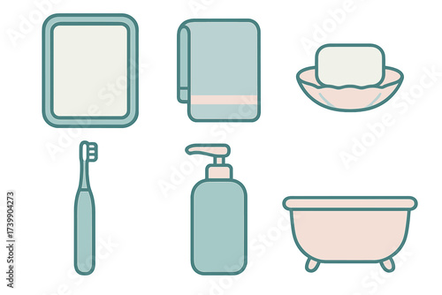 Essential bathroom hygiene and fixture icons in a pastel color palette
