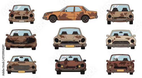 Set of old rusty abandoned cars vector illustration.