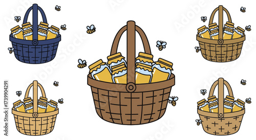 Set of cute cartoon baskets filled with jars of golden honey and flying bees.